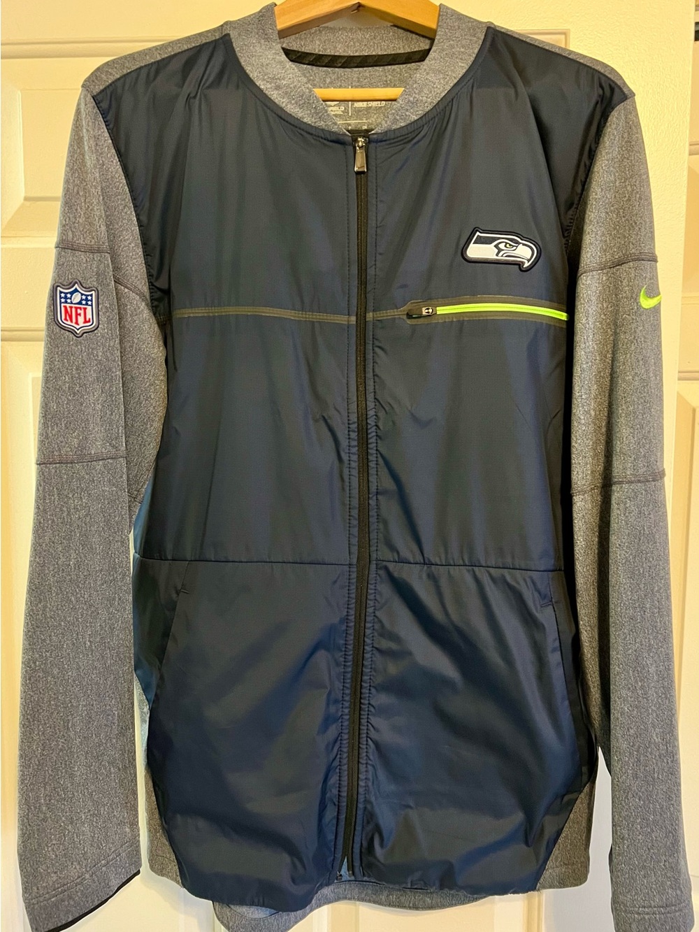 Nike Seattle Seahawks Navy and Gray Lightweight Jacket with Lime Zip Accent